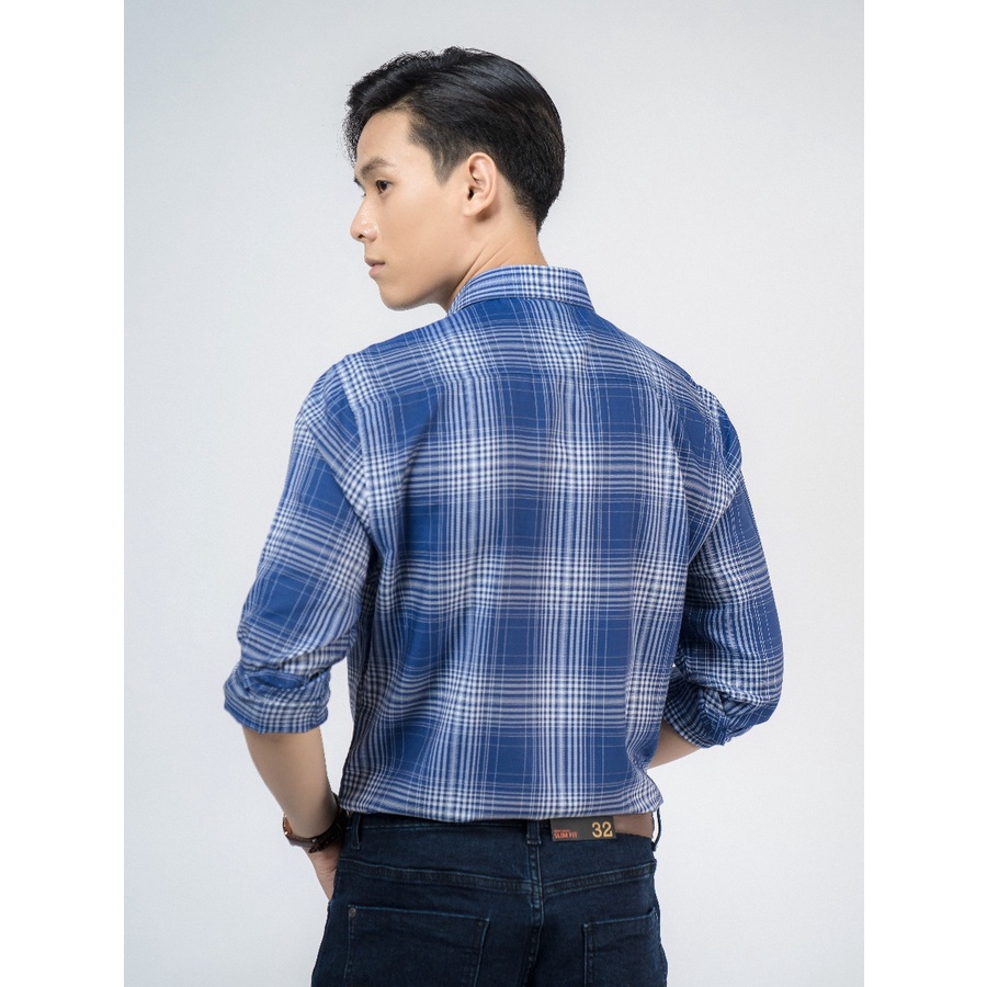 Áo sơ mi nam dài tay OWEN AS220139D somi công sở vải sợi tre cao cấp màu kẻ caro navy trắng dáng ôm tà lượn không túi