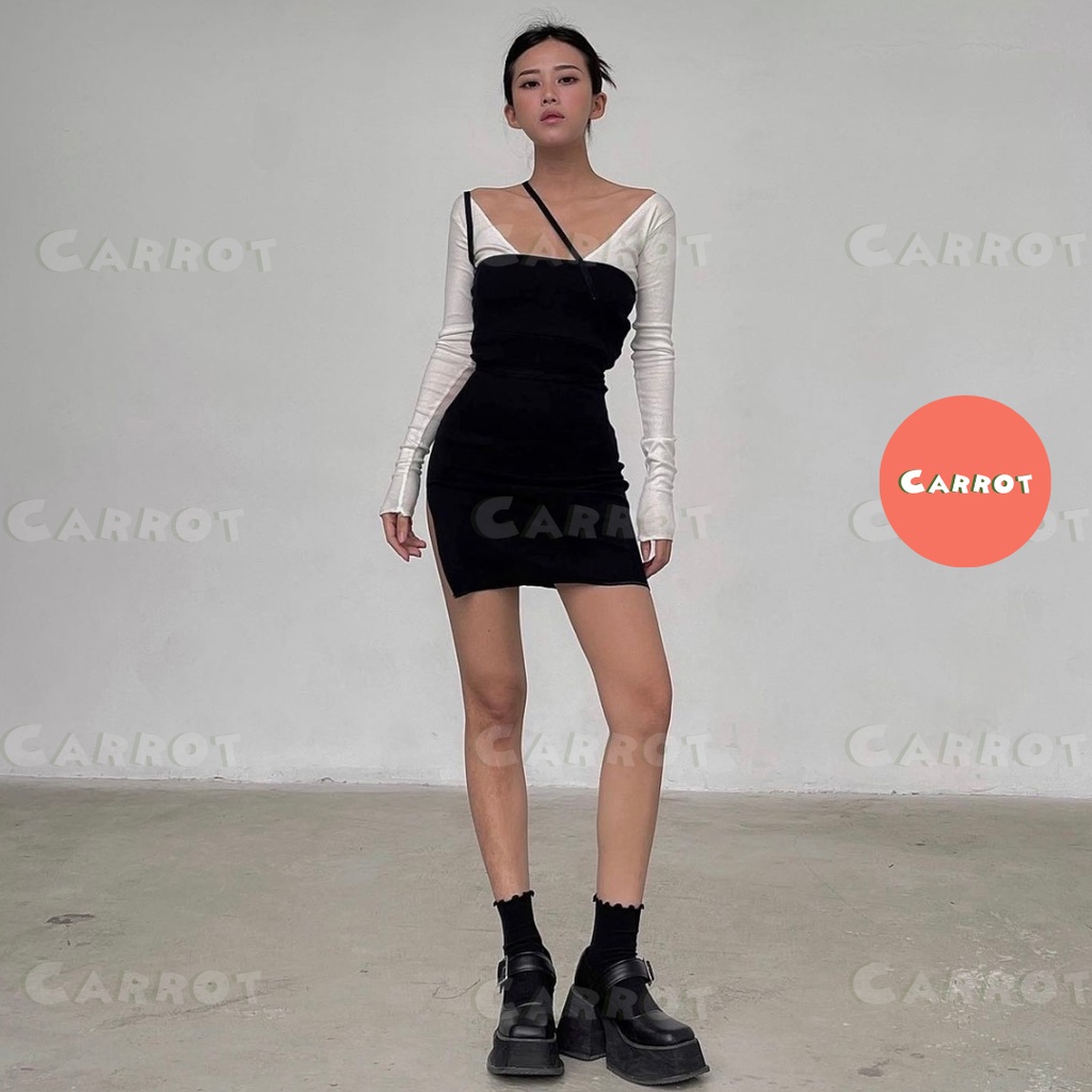 Đầm body sexy tay dài carrotxinhdep váy ôm eo ôm ngực màu đen ngắn dự tiệc chất thun gân co giãn tặng kèm áo trắng (106)