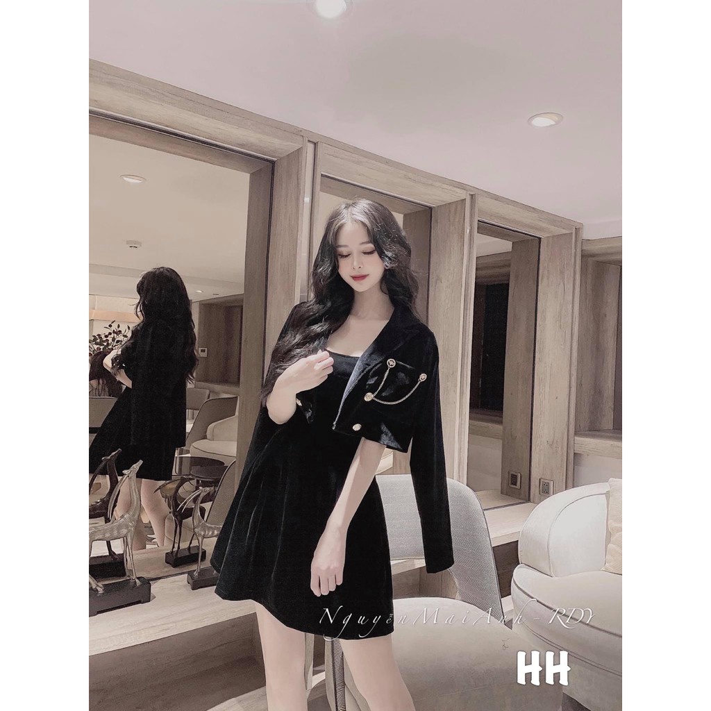 Sét Váy Áo Khoác Nhung Cổ Vest + Váy 2 Dây Body | BigBuy360 - bigbuy360.vn