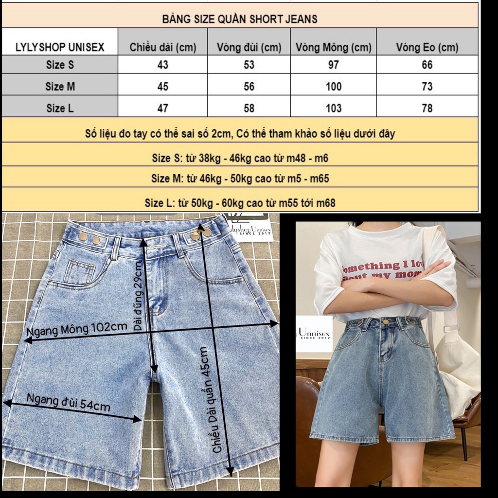 Quần short jean nữ LylyshopUnisex kiểu ống rộng rách nhẹ, quần sooc đùi chất bò mềm mịn đường may chắc chắn, đủ size