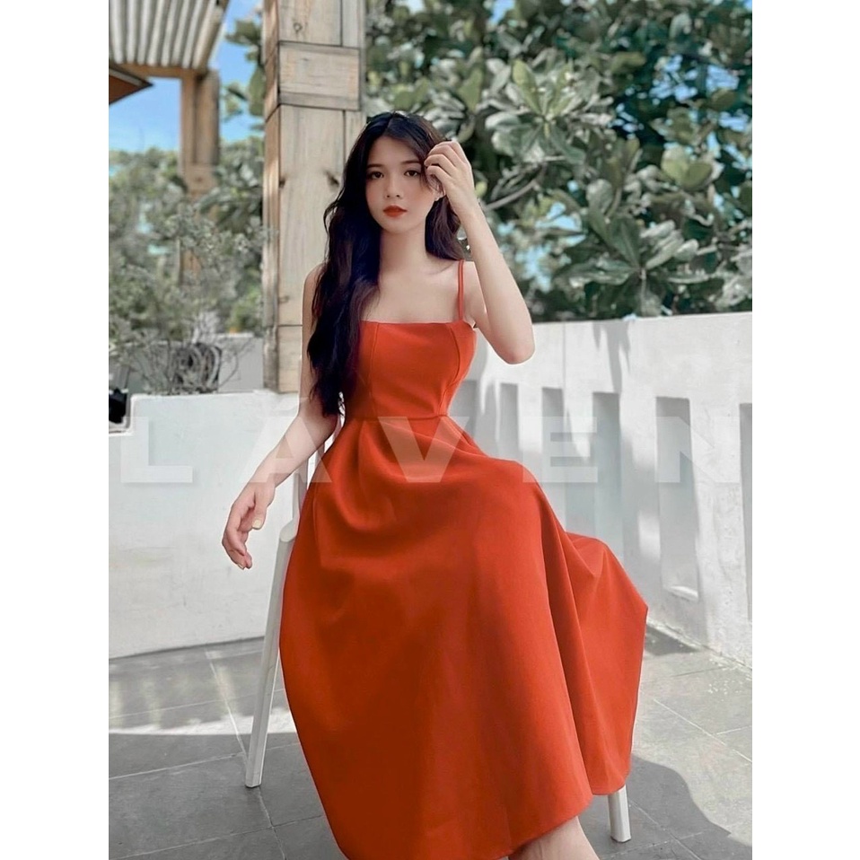 Đầm xòe hai dây có mút màu cam chất cotton lạnh