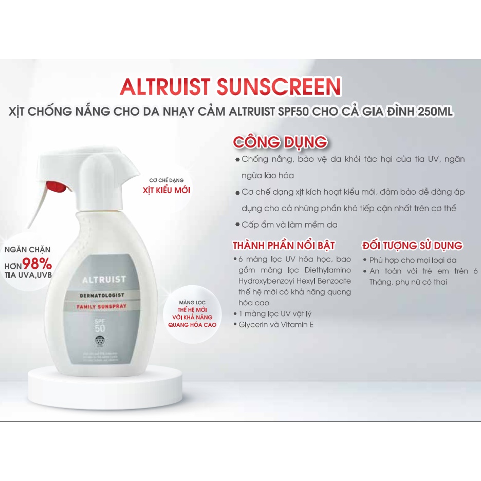 Kem chống nắng dạng xịt Altruist Invisible Sunspray SPF50 – 200ml, Altruist Family Sunspray SPF50 - 250ml