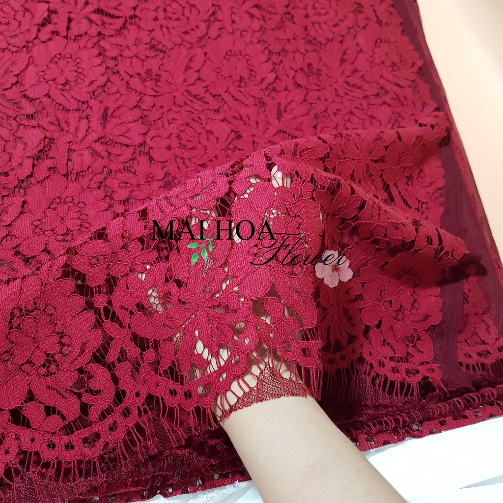 Vải ren đỏ thêu hoa dùng làm vải may đồ mềm có co giãn 150x150cm, Maihoaflower