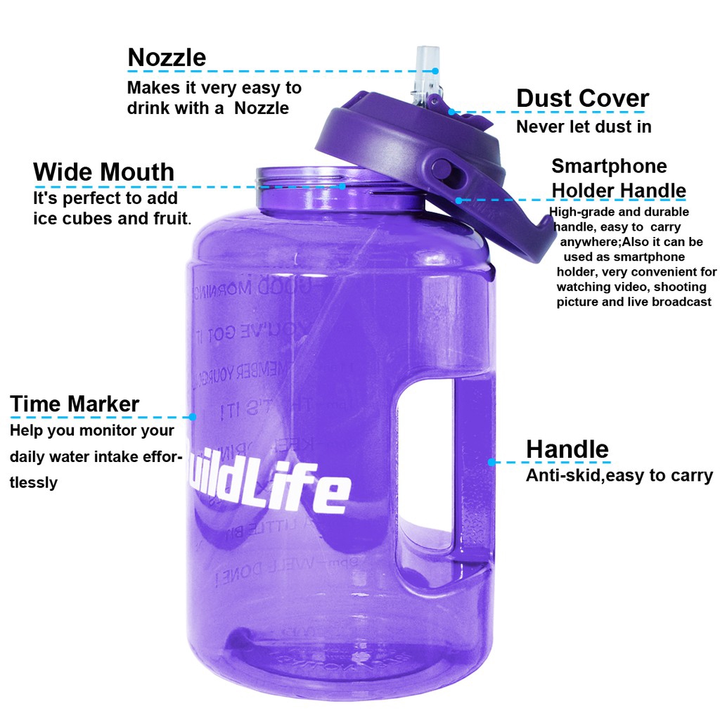 Bình nước QuiFit có ống hút và tay cầm không BPA chống rỉ với mốc thời gian để nhắc uống nước hàng ngày 3.78L