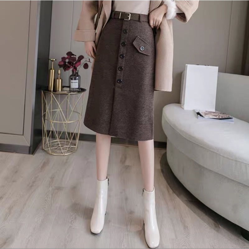 Chân váy dạ dáng dài khuy trước kèm đai, Chân váy dáng dài cạp cao hàng Quảng Châu CV1834 | BigBuy360 - bigbuy360.vn