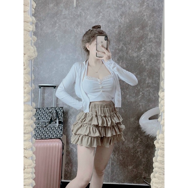 Set bán lẻ từng món áo khoác + áo croptop yếm cột cổ nút ngọc + quần ống bí giả váy có cả set