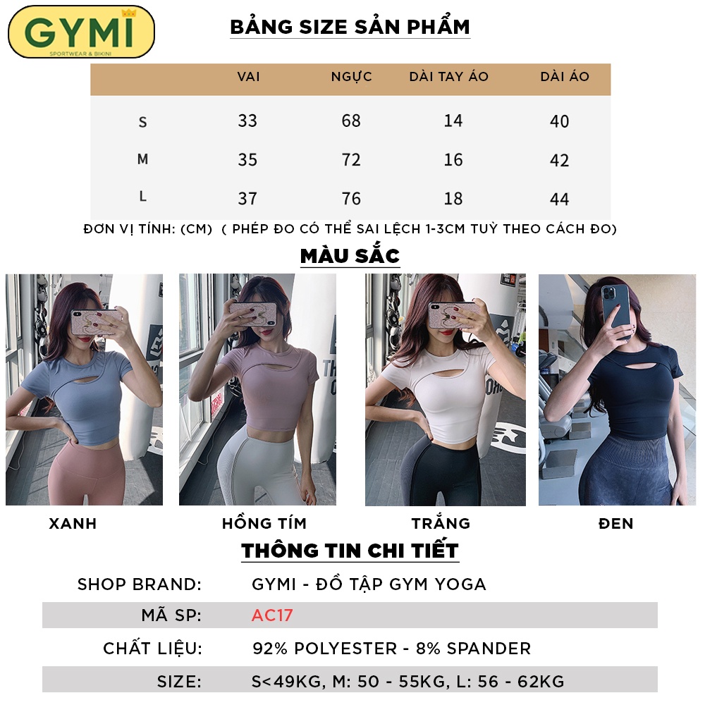 Áo tập gym yoga nữ khoét ngực GYMI AC17 dáng áo cộc ngắn tay chất thun mền mịn co giãn tốt tập thể thao, rumba