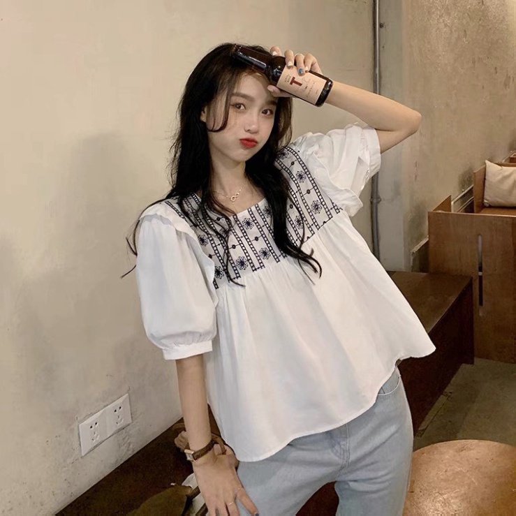 Áo babydoll tiểu thư thêu hoạ tiết kaca NH000101 hihishophaha