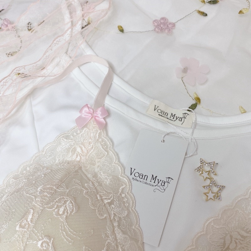 Bralette - Áo ngực nữ - Áo lót - Ren màu hồng kem R102 - Mút mỏng- Voanmya - Pastel Bralette