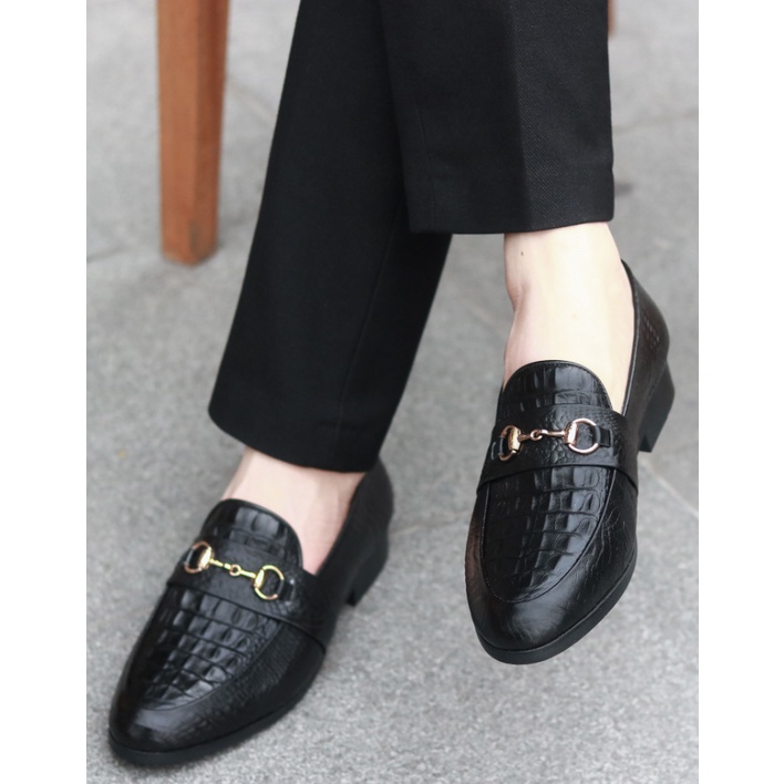 Giày lười nam da lì, giày nam công sở mặt dập vân 3D đế khâu chắc chắn mã L180