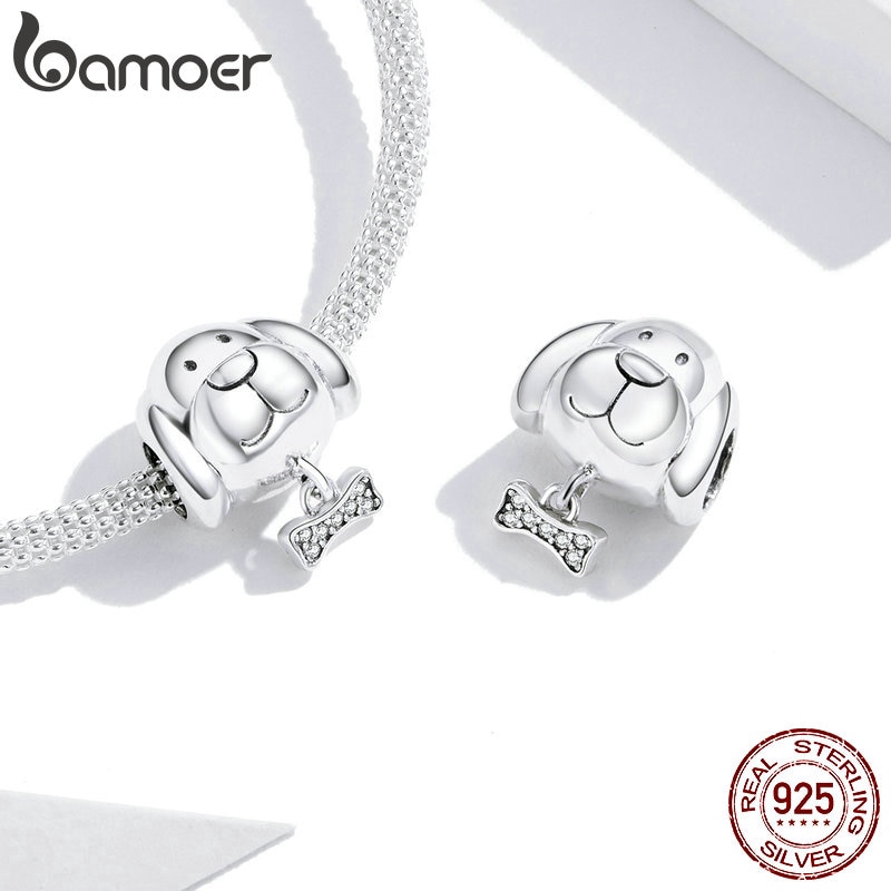 Hạt xâu trang sức Bamoer BSC244 bằng bạc Sterling 925 hình chú cún và xương dùng làm trang sức vòng tay cho nữ