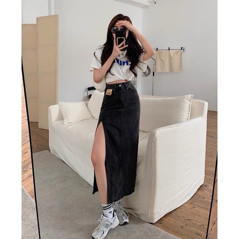 Đầm Jean Bút Chì Xẻ Tà-Như Hình