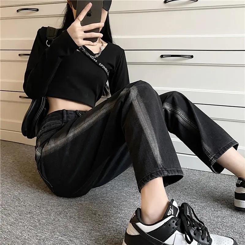 Quần Jeans Nữ Màu Đen Phối Light Sọc Cạp Cap Ống Suông Cá Tính Chất Jean Dày Dặn Loại 1 Dễ Mix Đồ Mặc Hàng Ngày