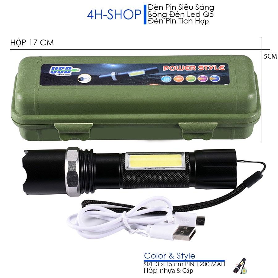 Đèn pin siêu sáng Led Q5 đèn cạnh COB, dùng pin sạc 1200mah, kim loại nhôm kèm hộp nhựa và cáp sạc cổng USB.