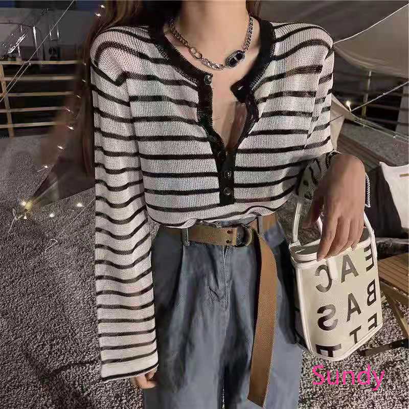 Áo Sơ Mi Tay Dài Họa Tiết Sọc Trắng Đen Thời Trang Cho Nữ