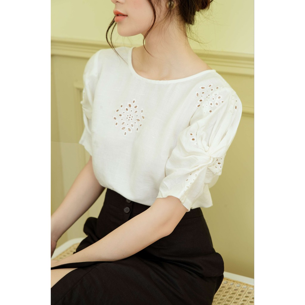 Áo linen tay xoắn thêu VANIA - A20077TRA công sở