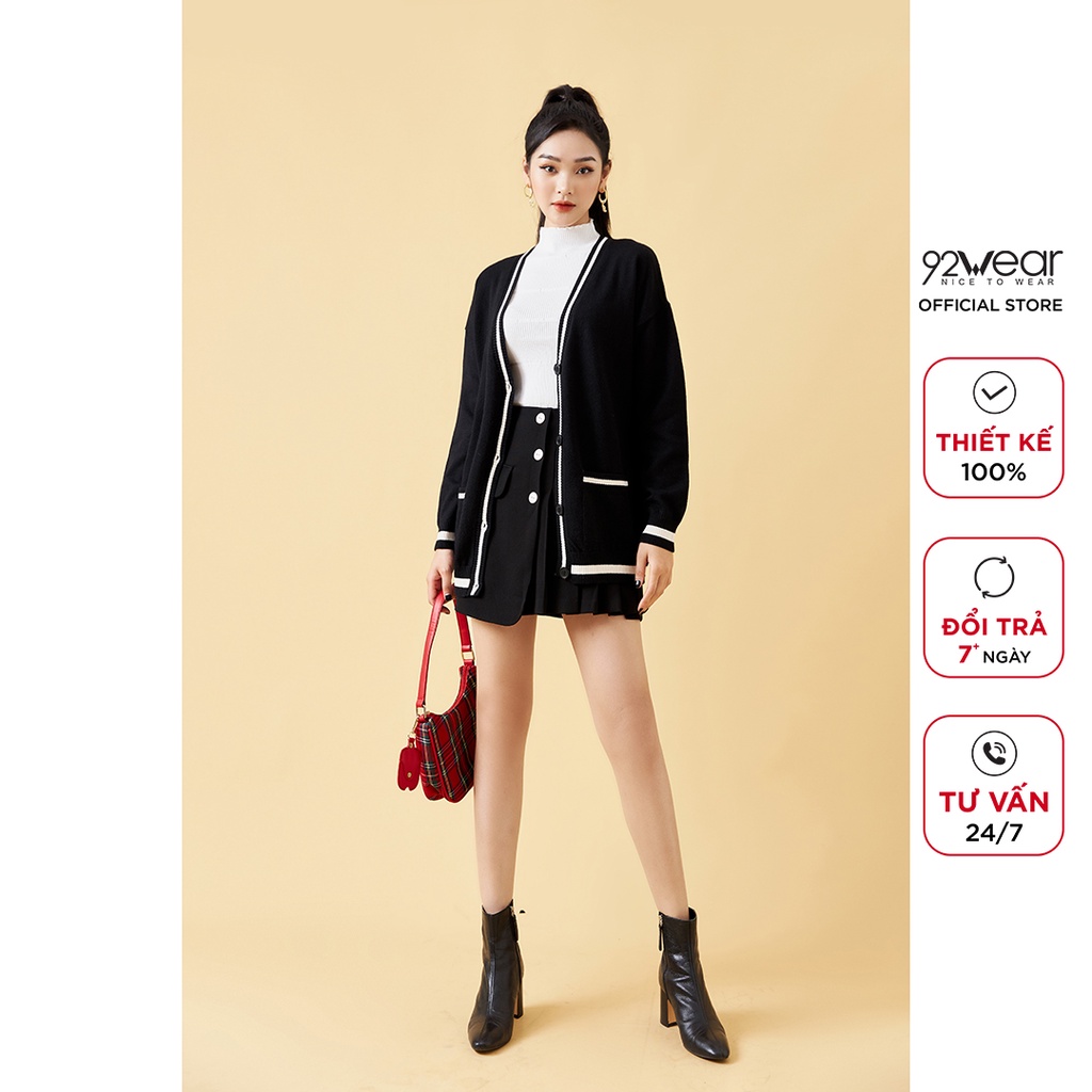 Áo cardigan nữ dài tay phối viền 92WEAR, chất len cao cấp, mịn, co giãn tốt KLA0082
