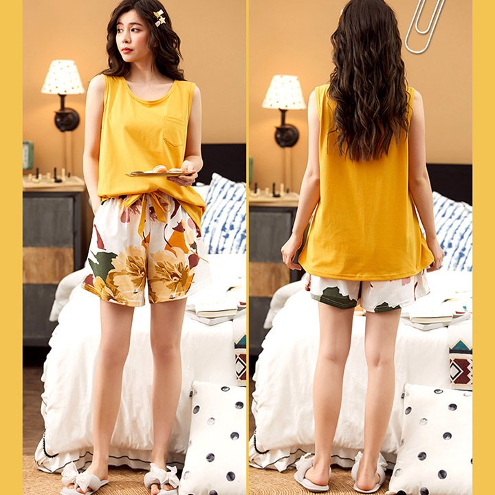 Bộ Đồ Ngủ Nữ Quần Áo Ba Lỗ Vải Cotton Mặc Ở Nhà Và Đi Chơi Mùa Hè Xinh Cộc Tay Thắt Nơ - Dáng Hàn Quốc BĐN25 | BigBuy360 - bigbuy360.vn