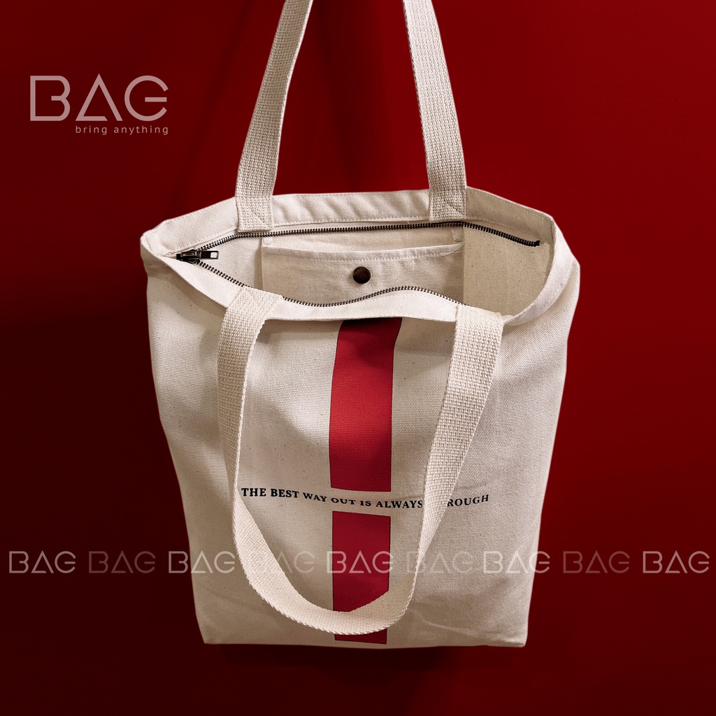 Túi tote thiết kế ấn tựong của BAG, túi vải thời trang Hàn Quốc với khoá kéo và túi con [RED]