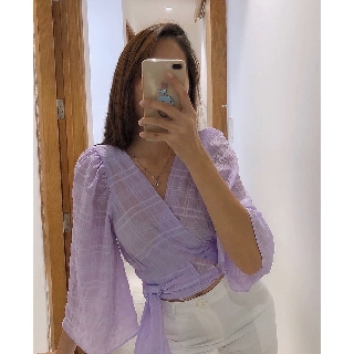 ÁO TÍM CROPTOP ĐẮP CHÉO CỔ BÈO