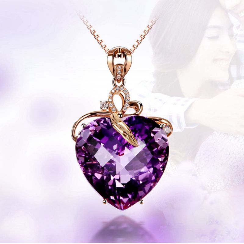 Vòng cổ mạ vàng 18K mặt trái tim đính đá thạch anh tím thời trang
