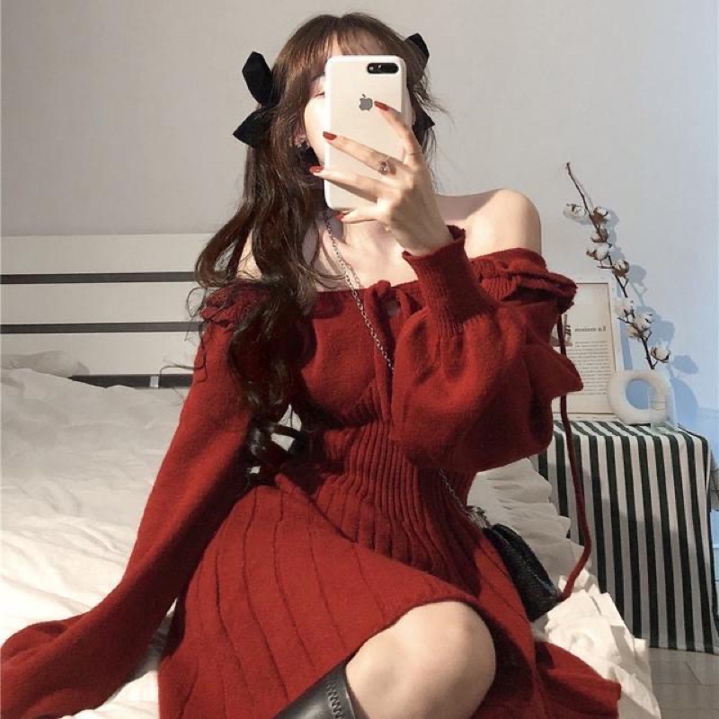Đầm dệt kim cổ vuông ôm eo màu đỏ thời trang Hàn Quốc cho nữ