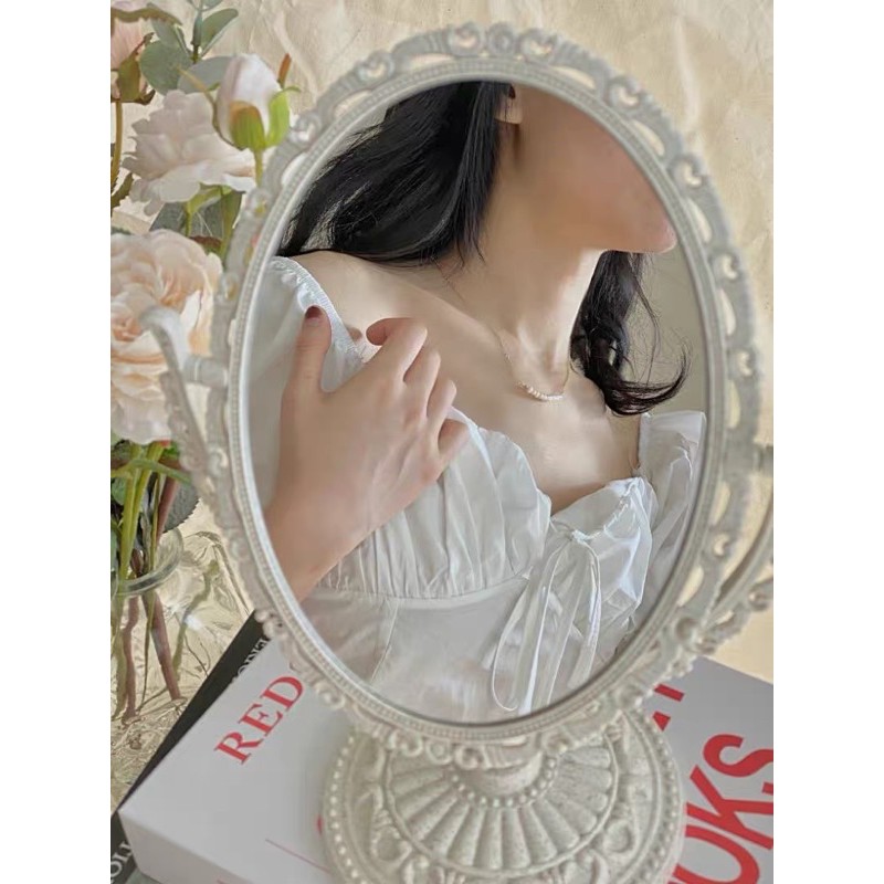 🖤Váy bánh bèo trắng thô tay phồng đầm thư cổ vuông thắt dây ngực dạo phố xinh xắn ulzzang vintage retro dễ thương