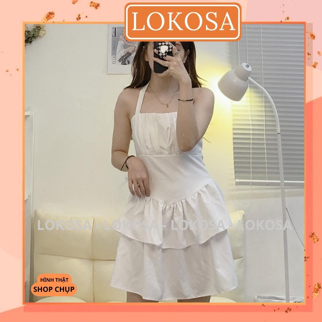 Đầm dự tiệc LOKOSA Váy Body Trắng cổ yếm Dáng Xòe Xếp Tầng Cột Dây Thiết Kế Hở Lưng VD032