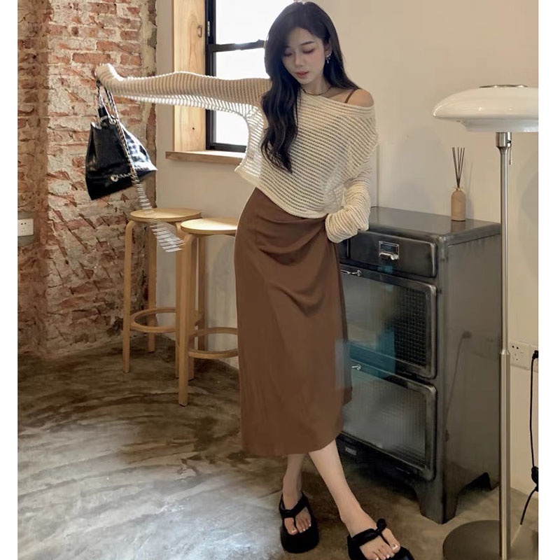 Sét Váy 2 Dây Thun Tăm Kèm Áo Len Lưới Dài Tay M2776-Teen 888