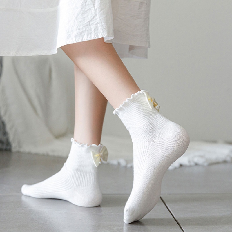 Vớ Cotton Cổ Cao Đính Nơ Phối Bèo Nhún Phong Cách Lolita Cho Nữ