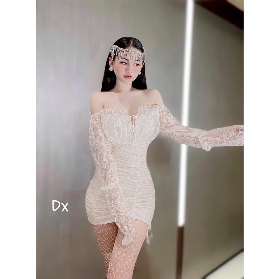 Đầm body ren nhúm trễ vai