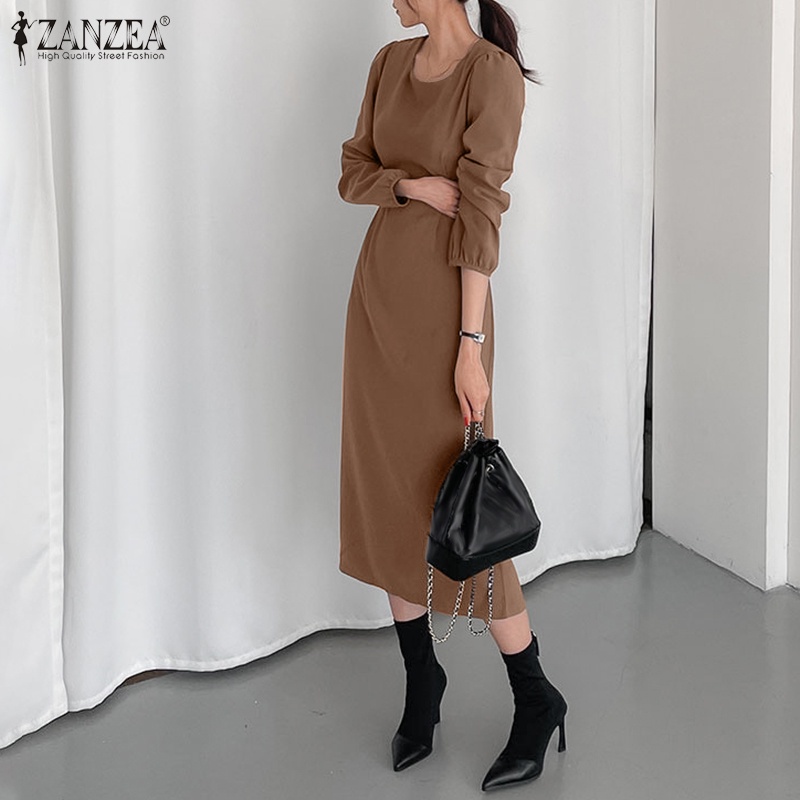 Đầm ZANZEA dáng dài cổ vuông tay dài phối dây buộc thời trang thường ngày cho nữ