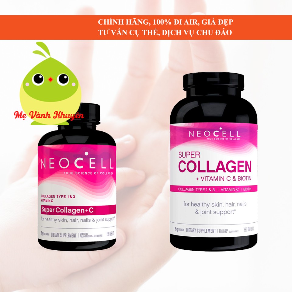 Hỗ trợ đẹp da, tóc, móng NeoCell Super Collagen, Vitamin C w/o Biotin, Mỹ (250/360v)