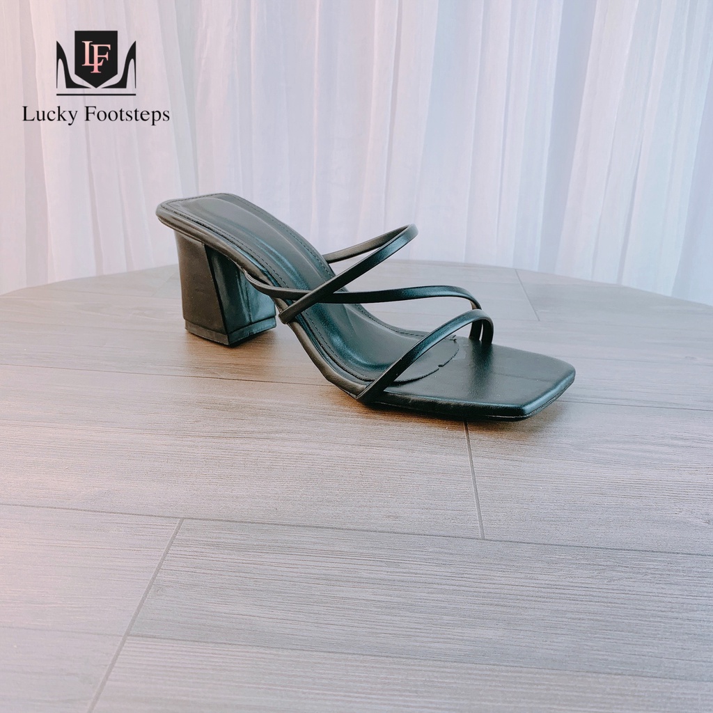 Sandal guốc cao gót Lucky quai phối dây chéo gót vuông 7p - v87