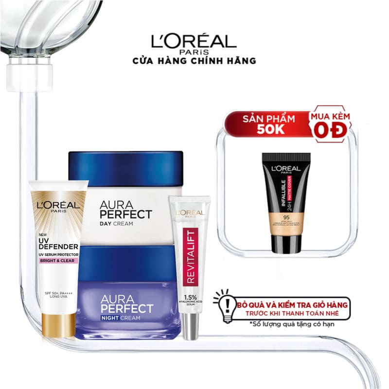 Bộ kem dưỡng sáng da & kem chống nắng & dưỡng chất căng mướt da L'Oreal Paris