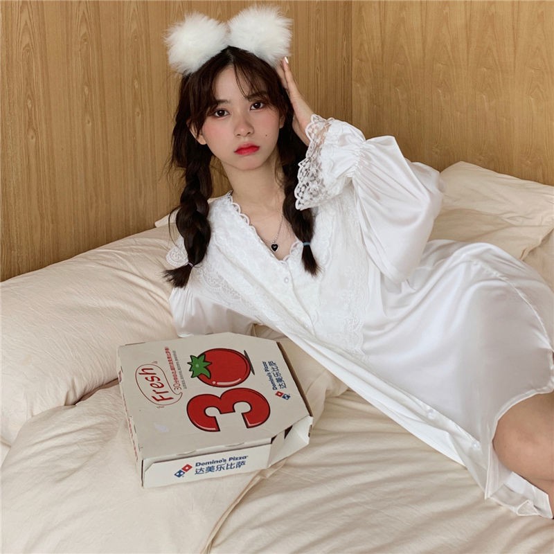 đồ ngủ Tay Dài Vải Lụa Phối Ren Màu Trắng Phong Cách Nhật Bản Quyến Rũ Cho Nữ | BigBuy360 - bigbuy360.vn