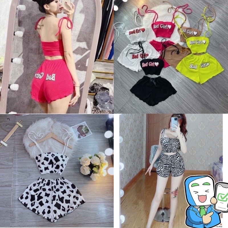 Sét bộ nữ áo 2 dây cột nơ vai + quần bò sữa, vằn (có mút ngực)  HOT