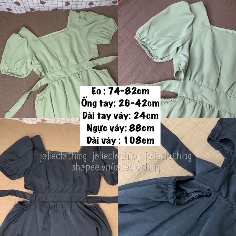 Váy midi tay ngắn, đầm tay ngắn khoét eo chất lụa trượt hai màu xinh xắn