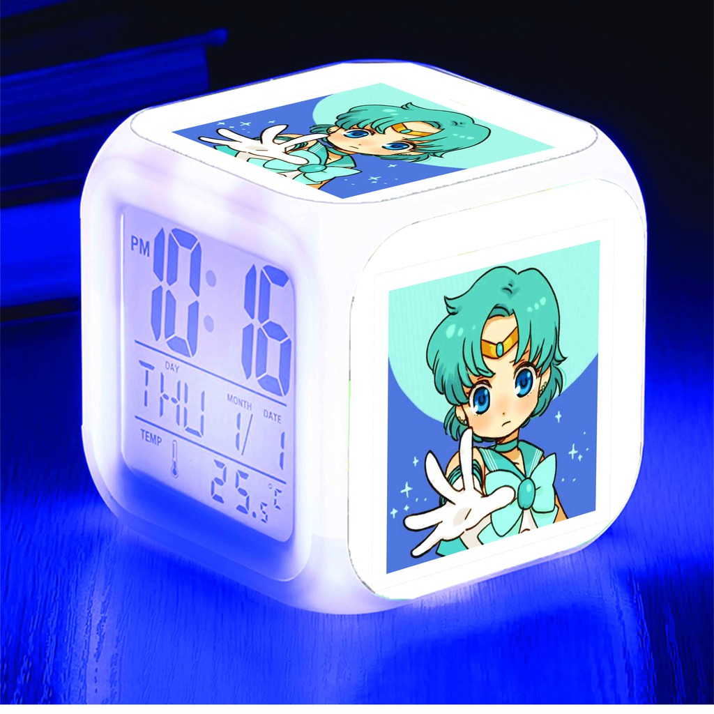 Đồng hồ báo thức để bàn in hình SAILOR MOON THỦY THỦ MẶT TRĂNG chibi anime đèn LED đổi màu