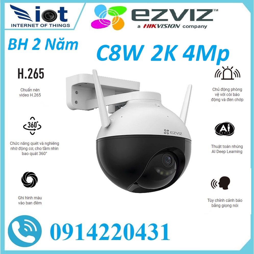 Camera IP Wifi Xoay 360 Độ Ngoài Trời Có Màu Đêm ,Đàm Thoại 2 Chiều Độ Nét Cao 4MP 2K Eziviz C8W,Ezviz C8C-Chính Hãng