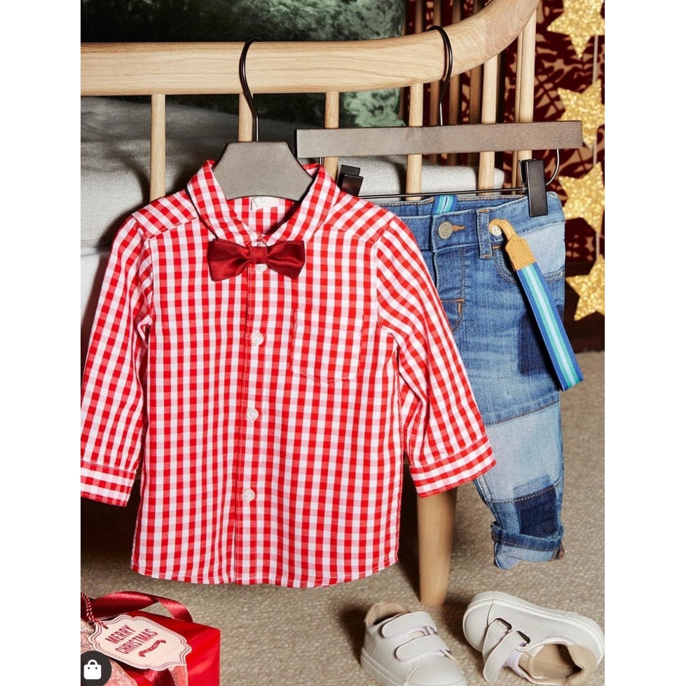 Áo sơmi bé trai sọc đỏ carô kèm theo nơ siêu hot
