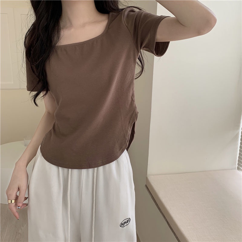 Áo thun nữ BH tay ngắn cổ vuông màu sắc thanh lịch