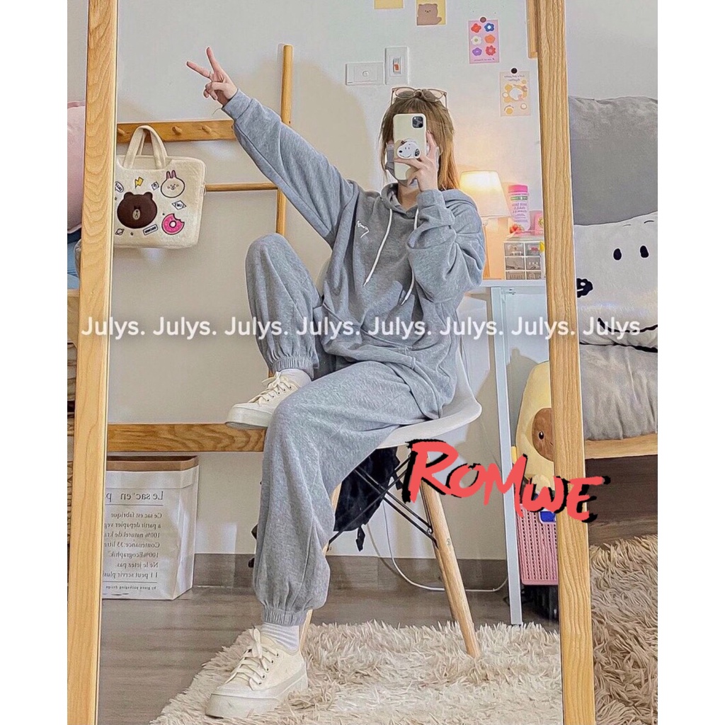 Bộ đồ nữ romwe nỉ chữ ký tay dài form rộng màu xám, nâu, đen mặc thu đông siêu ấm