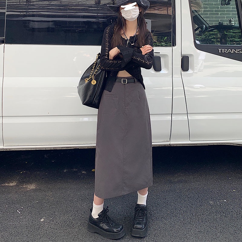 SUXI Chân Váy Dài Dáng Chữ A Lưng Cao Màu Sắc Đơn Giản Phong Cách Hàn Quốc