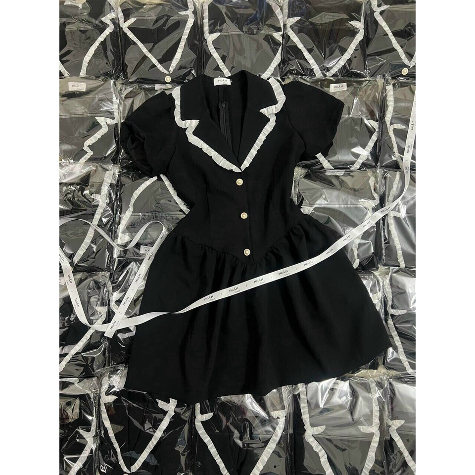 Đầm đen tiểu thư tay phồng dáng xoè, đầm nữ màu đen cổ sơ mi phối nút phong cách ulzzang hàn quốc xinh xắn