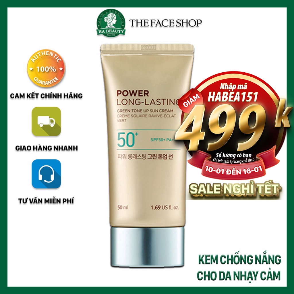 Kem chống nắng nâng tone cho da nhạy cảm The Face Shop Power Long Lasting Green Tone Up Sun Cream SPF50+PA+++ 50ml