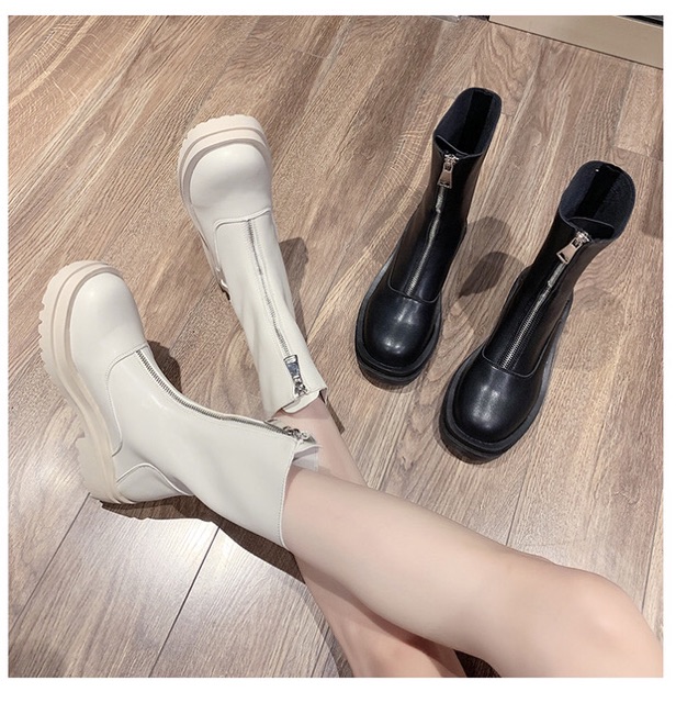 Giày bốt nữ cổ ngắn ulzzang khoá kéo trước da mềm đế cao 5cm