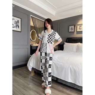 Bộ đồ ngủ Pijama đồ bộ lụa quần dài tay ngắn hoạ tiết LV siêu hot