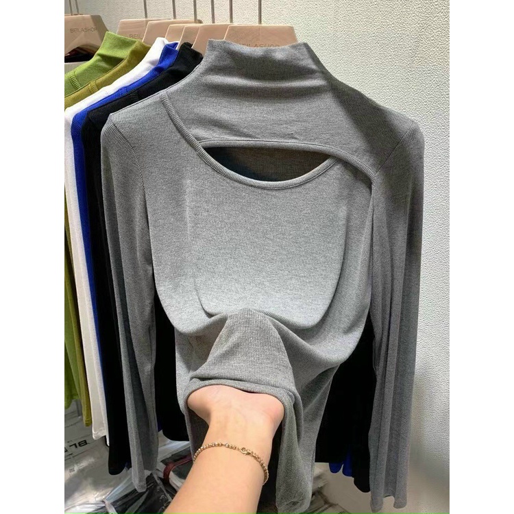 Áo thun nữ dài tay cổ cao khoét ngực trẻ trung thời trang hàng Quảng Châu Cao Cấp
