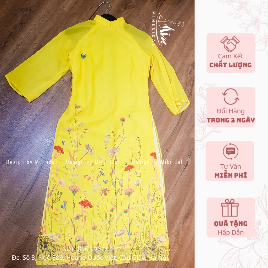 Ao Dài cách tân dáng xuông 4 tà chất liệu voan tơ óng in hoa văn màu vàng | BigBuy360 - bigbuy360.vn